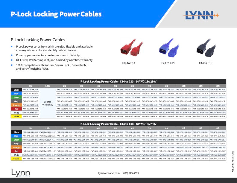 P-Lock Power Cables Product Matrix